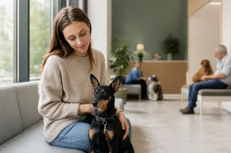 Manchester Terrier sitzt ruhig neben seinem Besitzer im hellen Wartezimmer einer Tierarztpraxis.